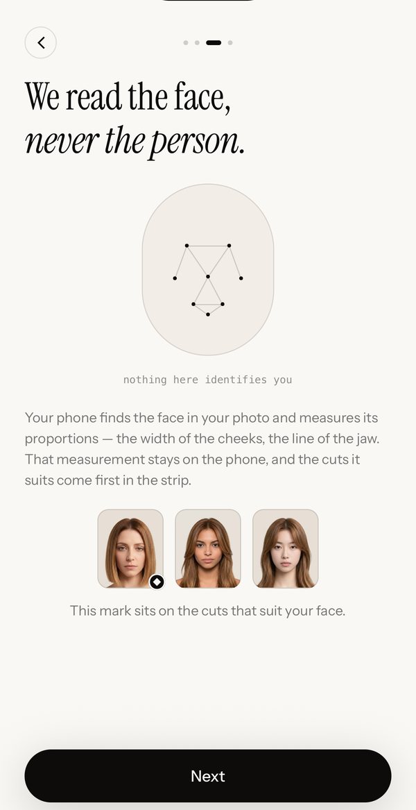 Onboarding screen: “We read the face, never the person.” A diagram of eight points measured on the phone, and the mark that sits on cuts that suit you.