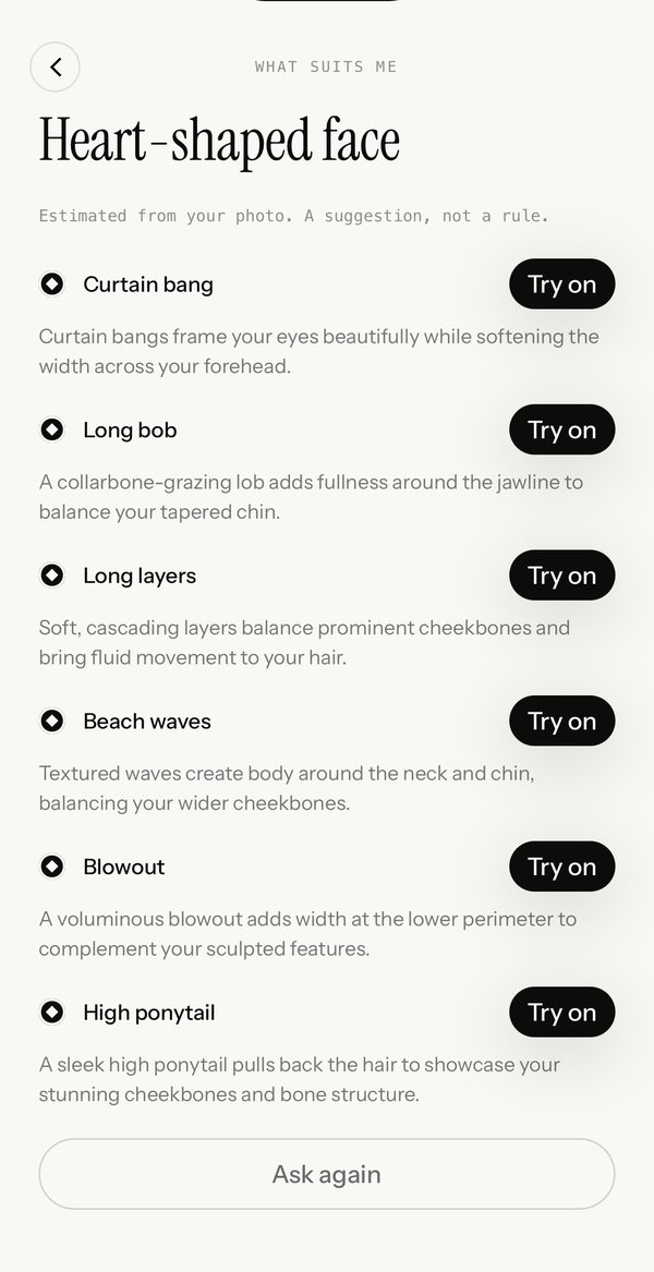The What suits me screen: “Heart-shaped face”, then six cuts, each with a sentence on why it suits and a Try on button.