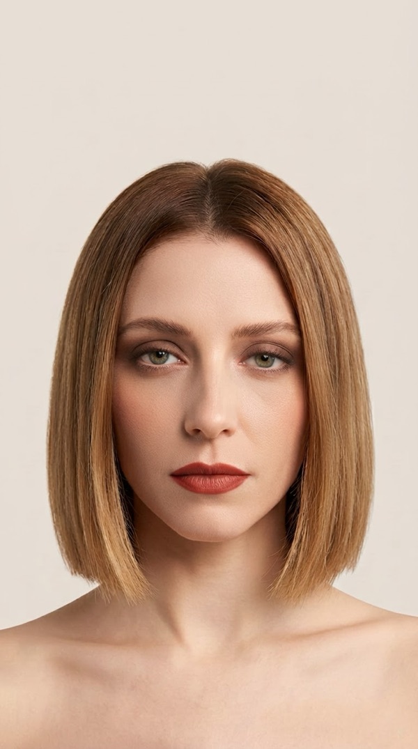The same render with makeup from Loxa's warm palette: cocoa on the eyes, apricot on the cheeks, brick on the lips. The hair is unchanged.